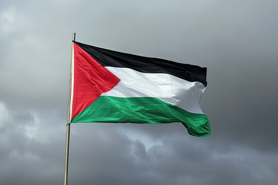The Palestinian flag waving in the wind against an overcast dramatic dark sky