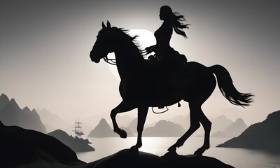 Naklejka premium wallpaper representing the silhouette of a rider on horseback