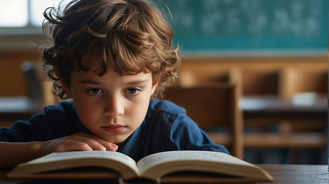 close up of a child focused on reading a book in class, sitting alone at a desk, with a blackboard and empty chairs in the background