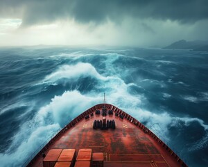 A cargo ship braving stormy seas - obrazy, fototapety, plakaty
