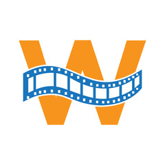 Fototapeta na wymiar Letter W with Films Roll Symbol. Strip Film Logo For Movie Sign and Entertainment Concept