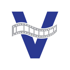 Letter V with Films Roll Symbol. Strip Film Logo For Movie Sign and Entertainment Concept