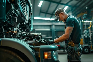 Auto technician meticulously fixing truck engine
