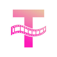Letter T with Films Roll Symbol. Strip Film Logo For Movie Sign and Entertainment Concept