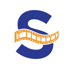 Letter S with Films Roll Symbol. Strip Film Logo For Movie Sign and Entertainment Concept
