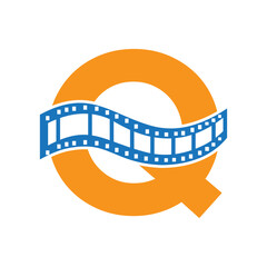 Letter Q with Films Roll Symbol. Strip Film Logo For Movie Sign and Entertainment Concept