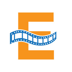 Letter E with Films Roll Symbol. Strip Film Logo For Movie Sign and Entertainment Concept