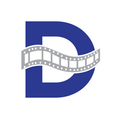 Fototapeta na wymiar Letter D with Films Roll Symbol. Strip Film Logo For Movie Sign and Entertainment Concept
