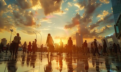 Capture a bustling city square in vivid watercolor, with a diverse group of people engaging in various activities under a vibrant sunset sky - obrazy, fototapety, plakaty