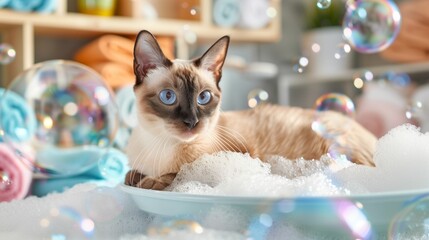 A cat is sitting in a bathtub with foam bubbles, pet care bathing time, indoor background.