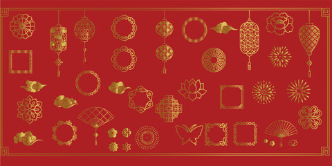 Asian cloud set. Traditional cloudy ornaments in chinese, korean and japanese oriental style. Set of vector decoration retro elements. 