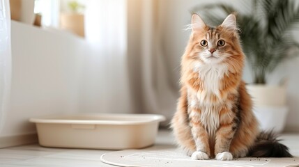 A cat with long fur is sitting on a rug in front of a litter box. Cozy indoor background with copy space. - obrazy, fototapety, plakaty