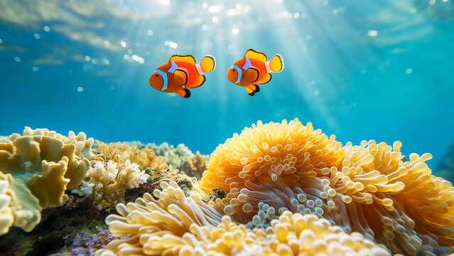 Zwei leuchtend bunte Clownfische schwimmen neben Anemonen mit Sonnenstrahlen im blauen Wasser, Konzept für bedrohte Unterwasserwelt, World Ocean Day