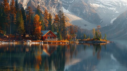The photo portrays a captivating retreat, with a small and inviting cabin perched on the edge of a picturesque mountain lake, providing a haven of peace and relaxation. - obrazy, fototapety, plakaty