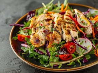 Keto salad with chicken fillet, grens and fresh vegetable . Healthy food concept. 