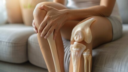 Knee pain, joint inflammation, bone fracture, woman suffering from osteoarthritis, leg injury hyper realistic 