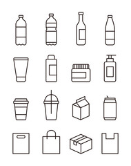Set of line icons in minimalist style for package concept. Cosmetics, recycle, beverages, coffee, bag, box, glass, cup, plastic bottle, etc.