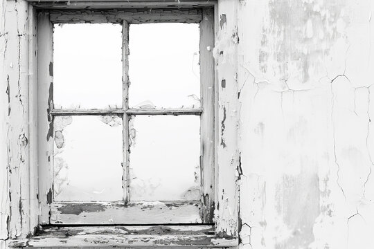 A close-up of an old window, its weathered frame and cracked glass standing out starkly against a pure white background
