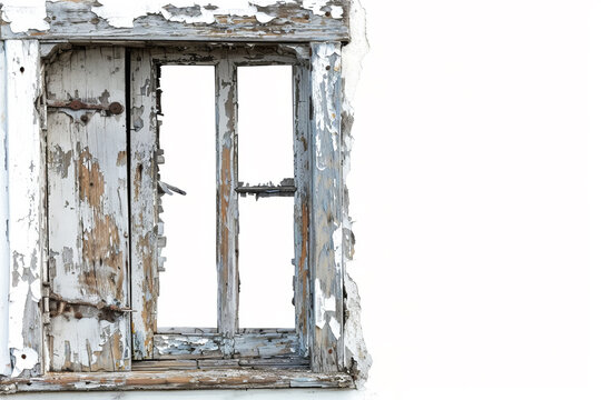 A close-up of an old wooden window, its peeling paint and broken pane isolated against a stark white backdrop.