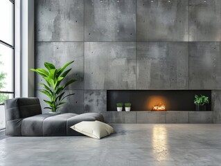 Loft interior design of modern living room, home with concrete wall and fireplace. 