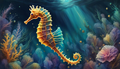 Obraz na płótnie Canvas A Vibrant, Intricate Digital Illustration of a Mystical, Swirling Underwater Vibrant Seahorse in An Ethereal Oceanic Environment.
