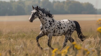 Obraz na płótnie Canvas An Appaloosa horse with white and brown coat runs across a field.