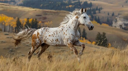 Obraz na płótnie Canvas An Appaloosa horse with white and brown coat runs across a field.