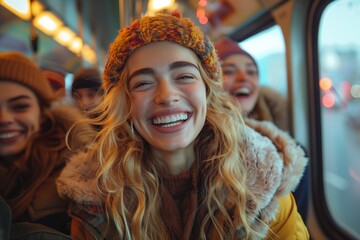 Selfie of smiling woman with friends on bus - obrazy, fototapety, plakaty
