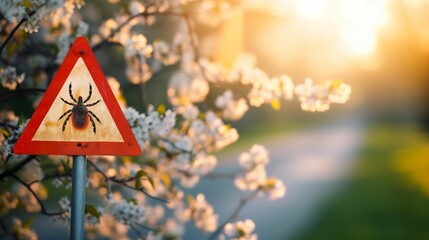 Beware of Ticks triangle warning sign, risk of Encephalitis Virus or Lyme Borreliosis disease. Spring blossom outdoor background. Insurance case brochure template.
