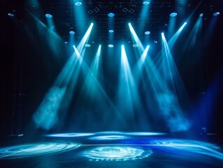 Modern dance stage light background with spotlight illuminated the stage. Stage lighting performance show. Empty stage with cool blue and green color stage lighting. Entertainment show. 