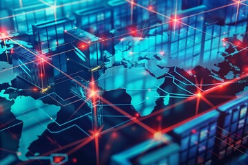 Fototapeta premium Futuristic Illustration of a Global Blockchain Network with Vibrant Connections and Data Centers