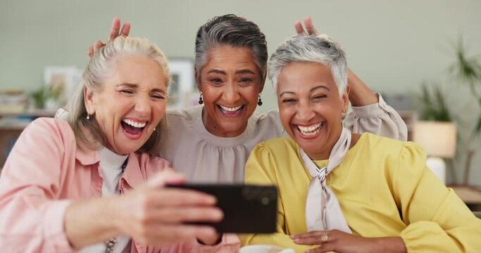 Selfie, senior women and peace sign at reunion, smile or picture for memory of tea party. Female people, silly or elderly citizens together for video call, relax or brunch for eating, love or at home