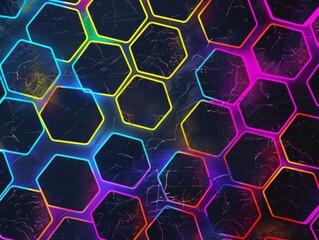 Neon hexagons pattern on dark backdrop for contemporary design projects and creative concepts. 