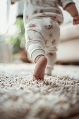 Obraz na płótnie Canvas an adorable baby girl takes her first steps on the soft carpet of her parents' living room 