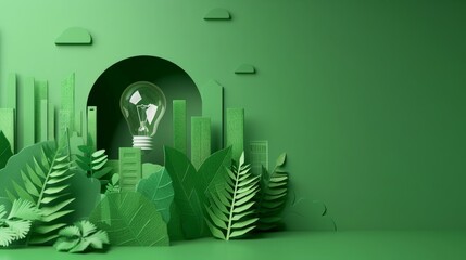 Paper cut of light bulb with green eco city , Renewable energy by 2050 Carbon neutral energy or greenhouse gas emission CO2 , Save energy creative idea concept , Generative Ai hyper realistic 