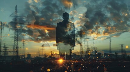 Cityscape bathed in the warm glow of dusk, with a fiery sun setting over the skyline silhouetted trees, and wisps of fog,Sunset Silhouette,man,business man,double exposure concept.