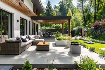 Fototapeta premium A large patio with a wooden deck and a patio umbrella
