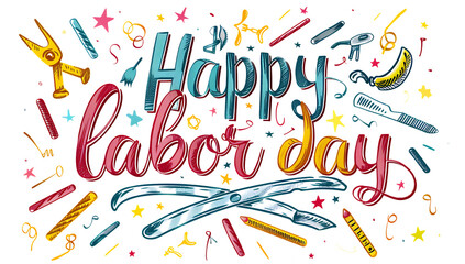 Hand drawn text "Happy labor day" with nail clipper isolated on white background