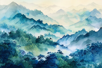 A painting of a mountain range with a blue sky and trees