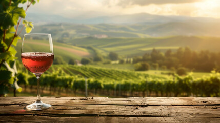 A glass of red wine is on a wooden table in front of a beautiful vineyard - obrazy, fototapety, plakaty