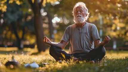 An older man with a beard sits in a lotus pose on the grass in a park. He's trying to find inner peace and calm through yoga.
