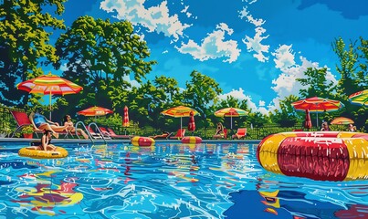 Capture the vibrant, sun-soaked scene of poolside recreation in vivid acrylics Show the dynamic colors and patterns of swimsuits and pool floats against a clear blue sky, Utilize digital rendering tec