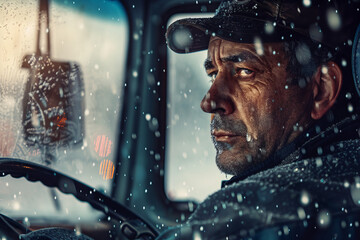 A man is driving a truck in the snow