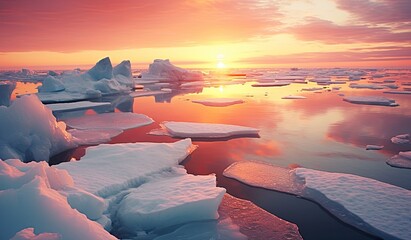 Beautiful winter landscape with ice floes at sunset. 3d rendering
