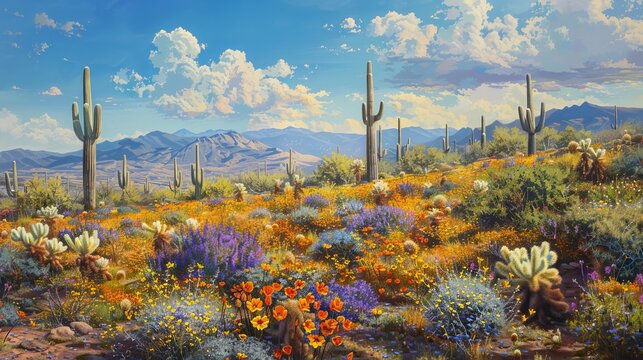 Arizona's Saguaro National Park springs to life with vibrant wildflowers and majestic barrel cacti, creating a breathtaking desert tapestry.