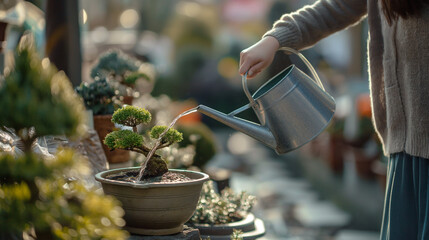 Girl waters bonsai tree seedlings for sale in a nursery. Plant store or garden store, business selling plants.