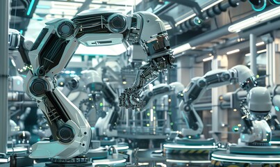 Fototapeta premium Craft a detailed digital rendering of a futuristic robotics lab with CG 3D rendering Show advanced robotic arms assembling intricate devices against a high-tech backdrop