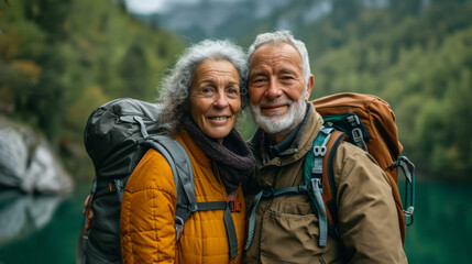A cheerful multiracial elderly couple with backpacks embracing while hiking in a lush green environment