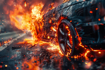 A car is on fire and the flames are shooting out of the tires - obrazy, fototapety, plakaty