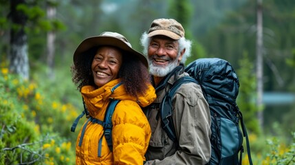 A happy multiracial senior couple with hiking gear sharing a moment in a green forest